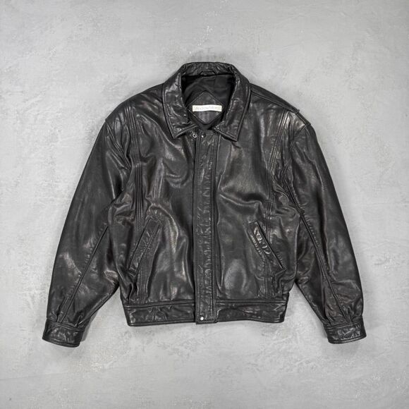 Vintage 1980s Andrew Marc Black Leather Bomber Jacket Men's XL - Picture 1 of 6